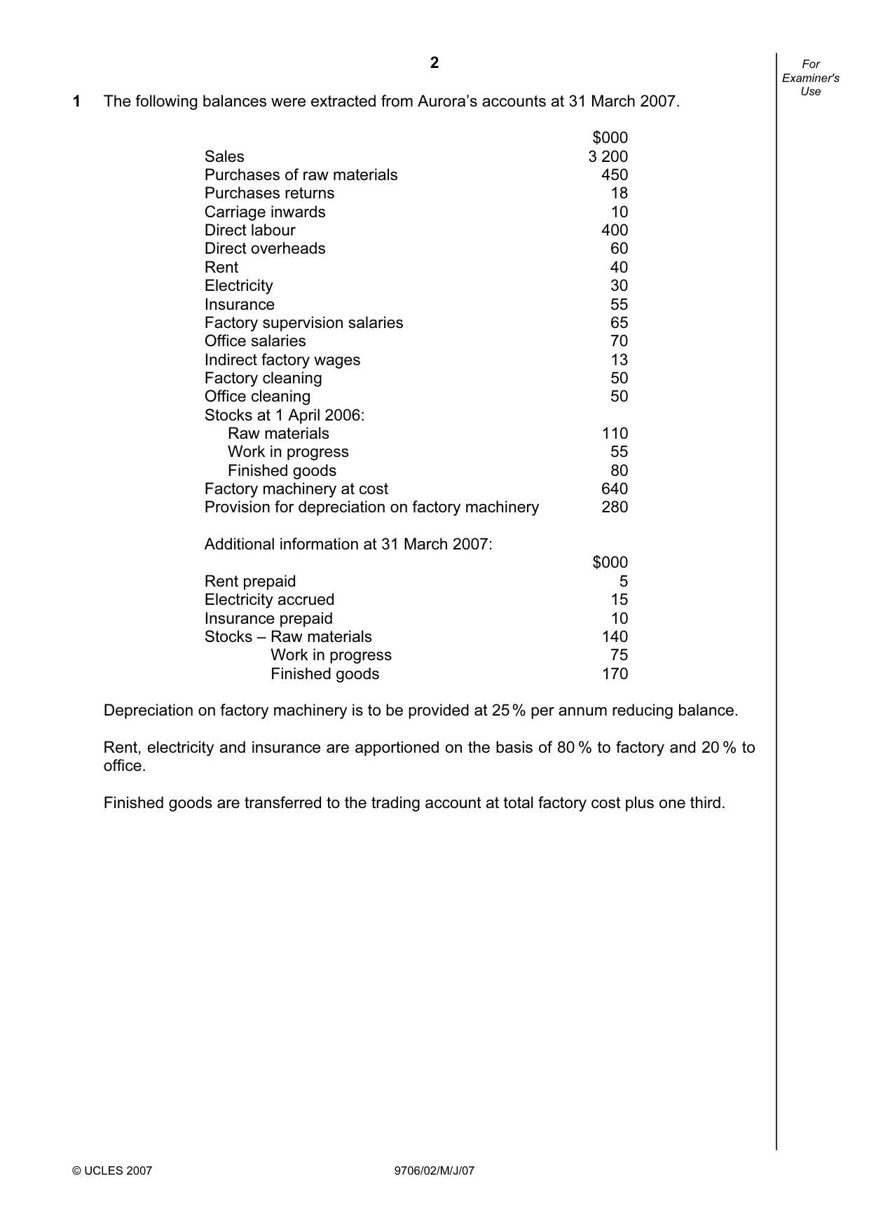 Cambridge A Level Accounting 9706 2007 May/June Paper 2 · Variant 1 question paper, page 2 of 12