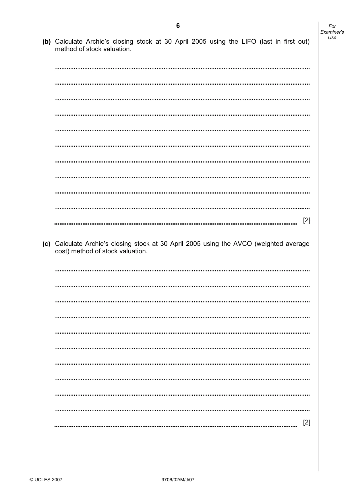 Cambridge A Level Accounting 9706 2007 May/June Paper 2 · Variant 1 question paper, page 6 of 12