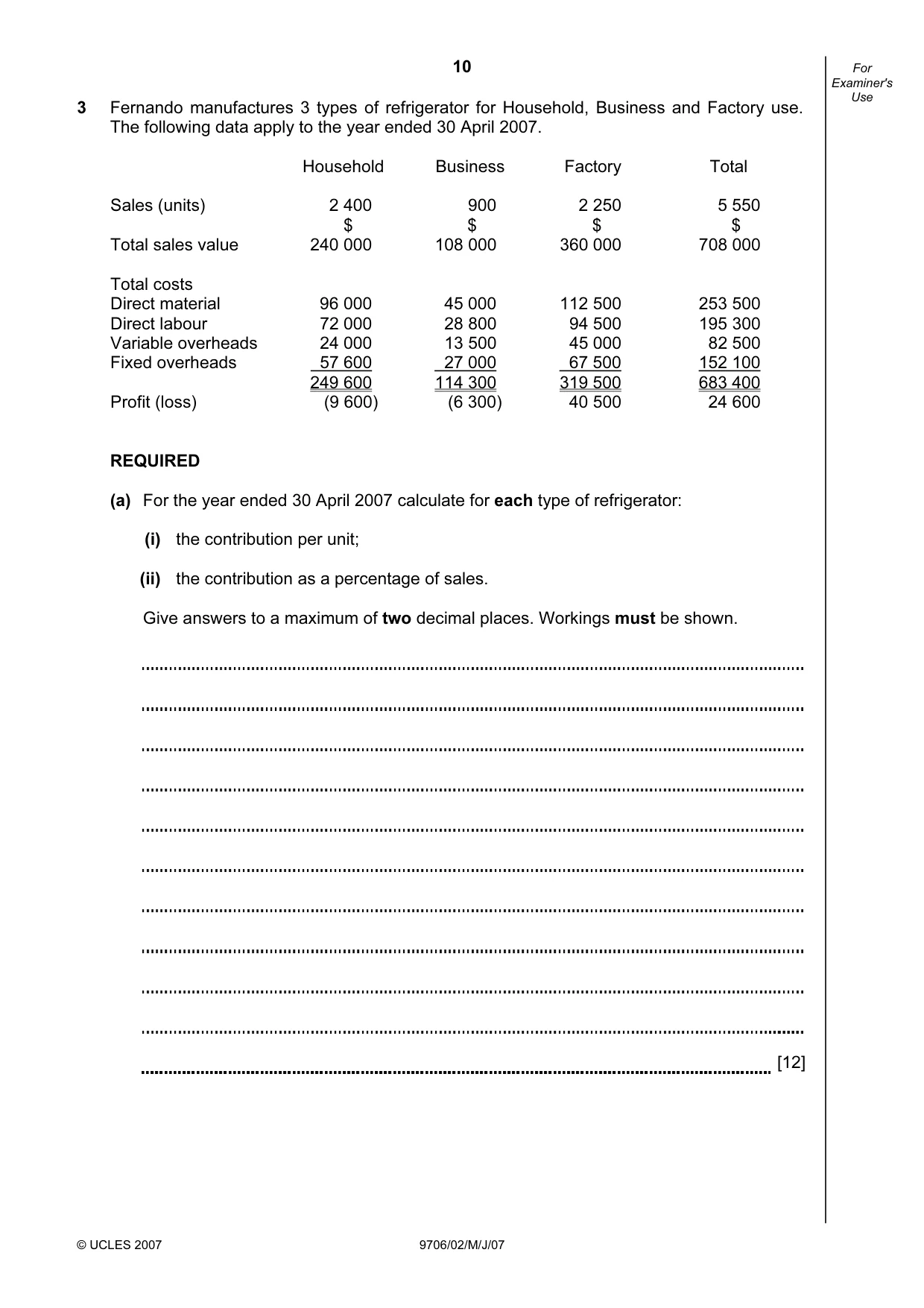 Cambridge A Level Accounting 9706 2007 May/June Paper 2 · Variant 1 question paper, page 10 of 12