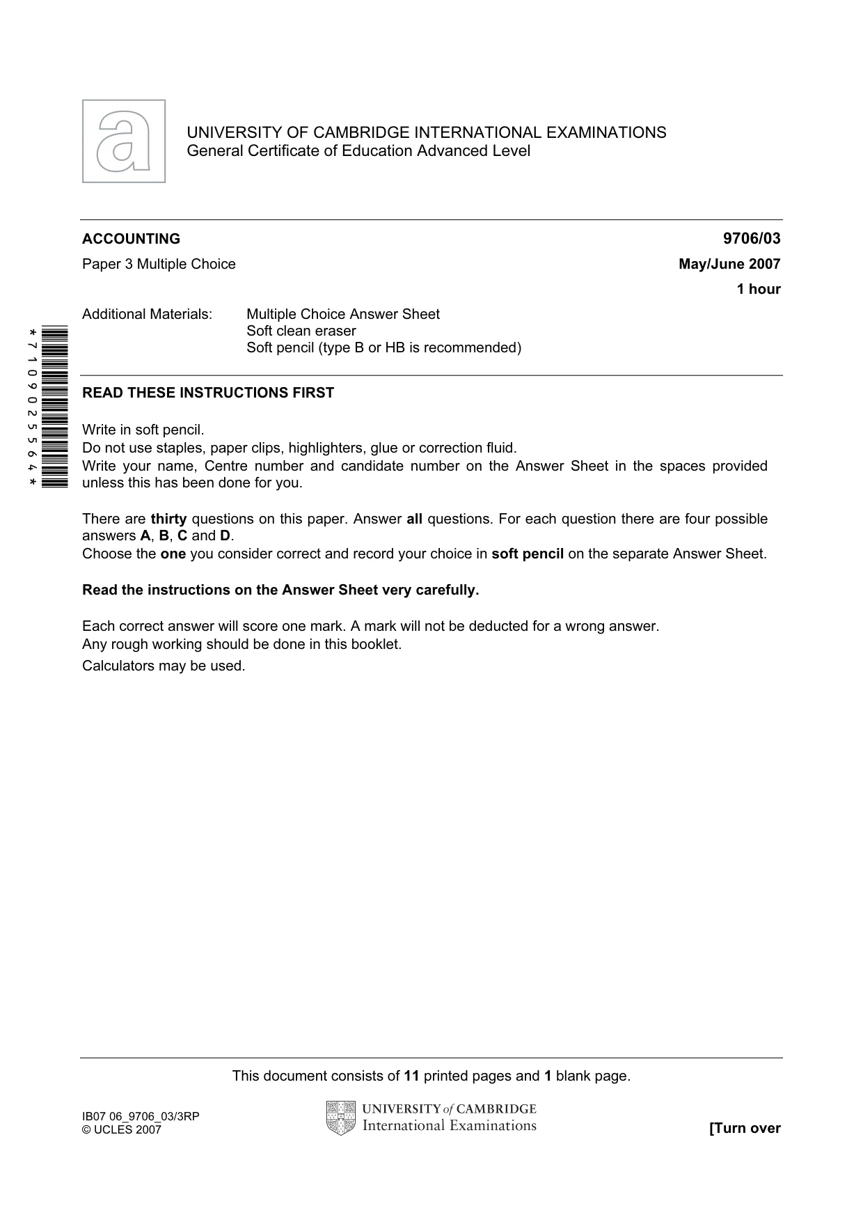 Cambridge A Level Accounting 9706 2007 May/June Paper 3 · Variant 1 question paper, page 1 of 12