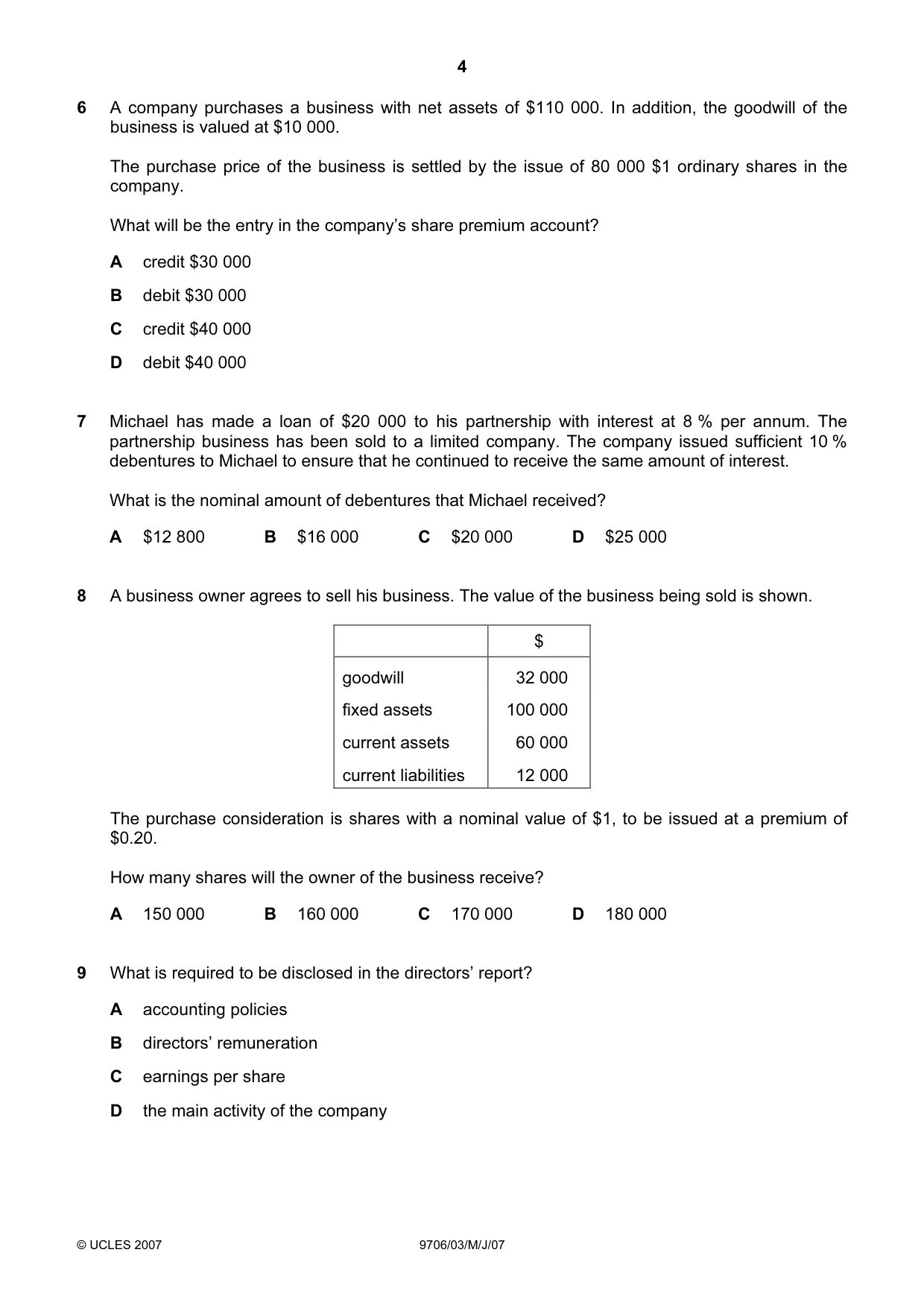 Cambridge A Level Accounting 9706 2007 May/June Paper 3 · Variant 1 question paper, page 4 of 12