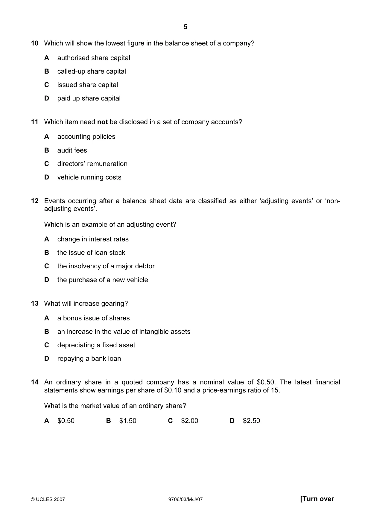 Cambridge A Level Accounting 9706 2007 May/June Paper 3 · Variant 1 question paper, page 5 of 12