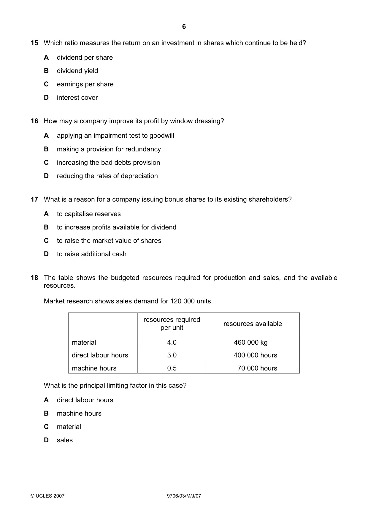 Cambridge A Level Accounting 9706 2007 May/June Paper 3 · Variant 1 question paper, page 6 of 12