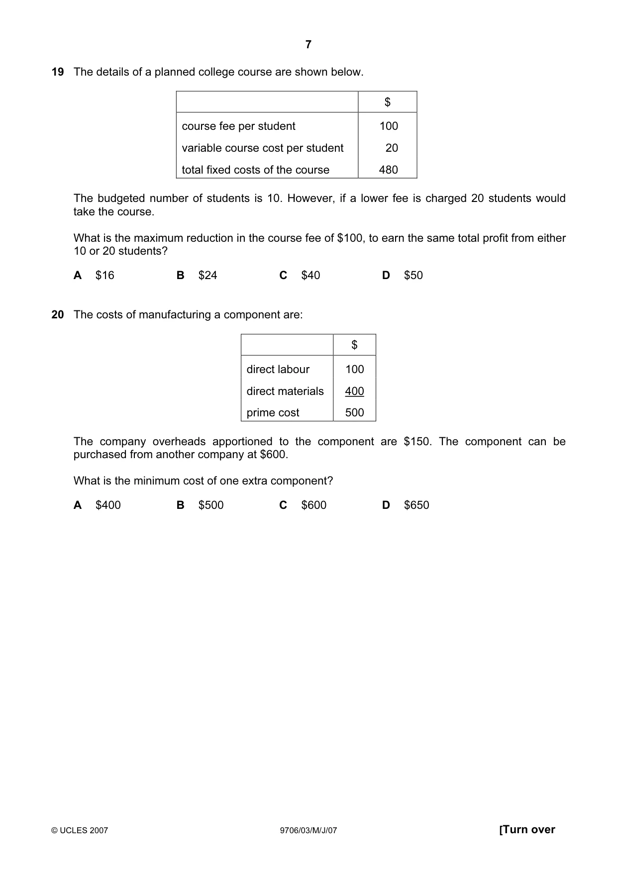Cambridge A Level Accounting 9706 2007 May/June Paper 3 · Variant 1 question paper, page 7 of 12