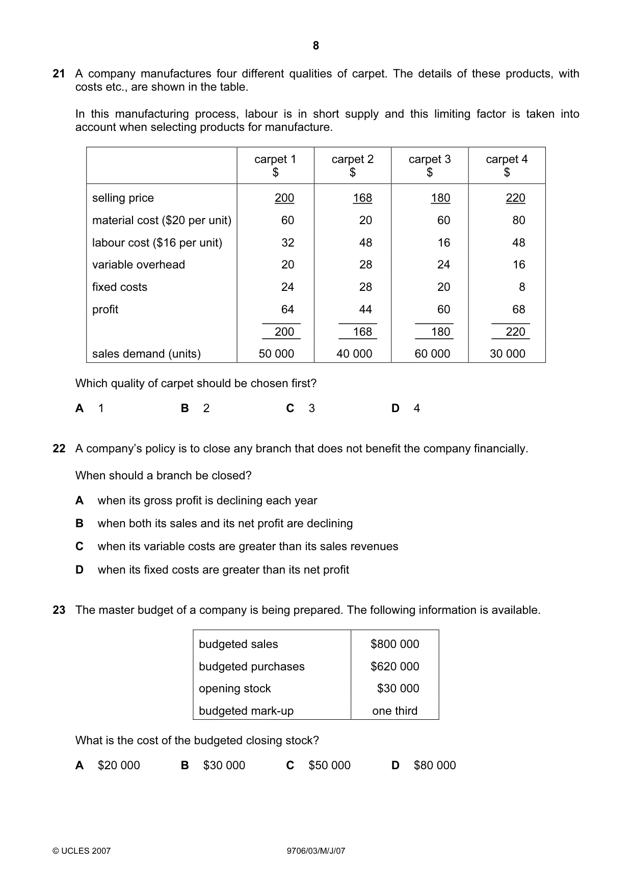 Cambridge A Level Accounting 9706 2007 May/June Paper 3 · Variant 1 question paper, page 8 of 12