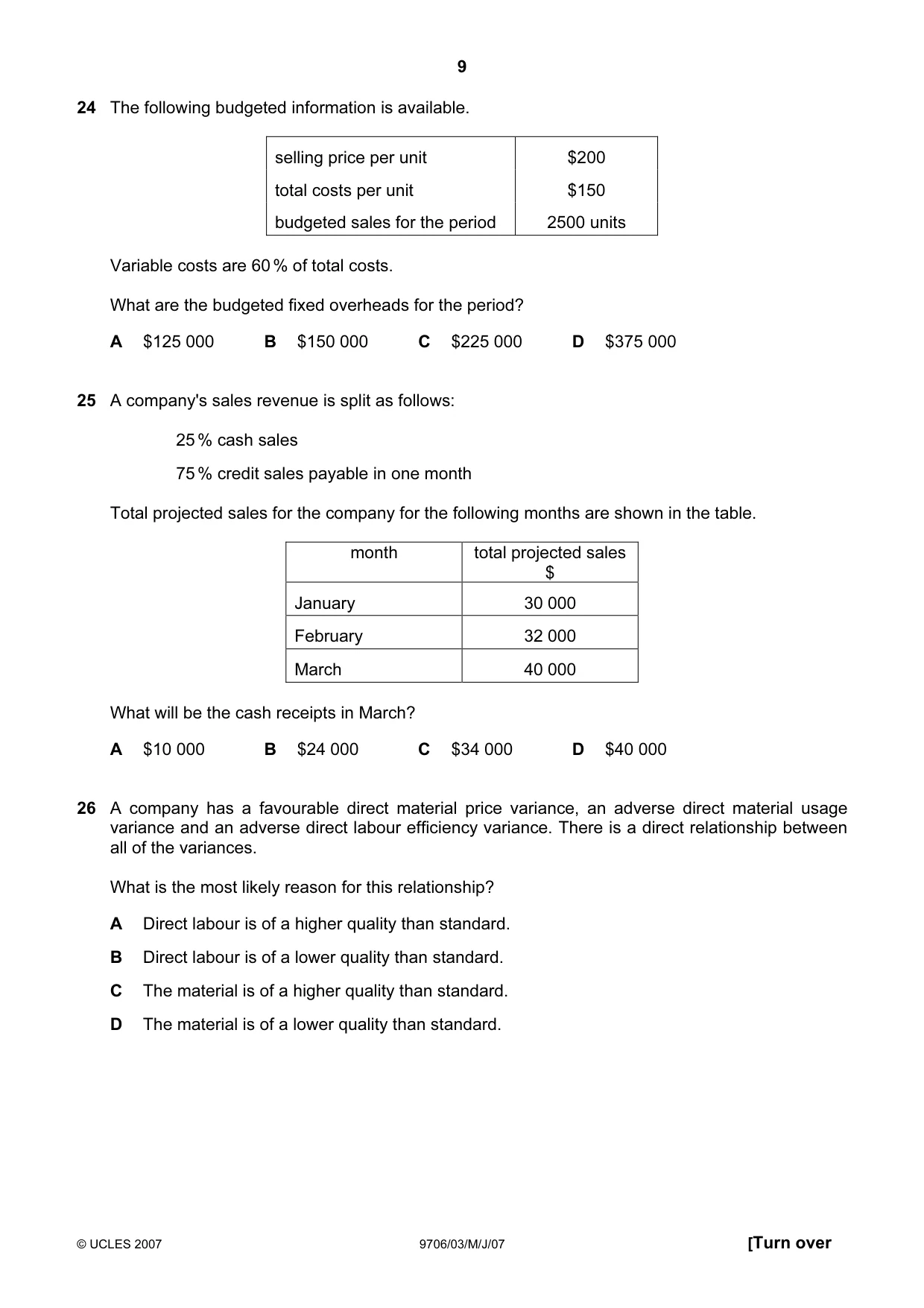 Cambridge A Level Accounting 9706 2007 May/June Paper 3 · Variant 1 question paper, page 9 of 12