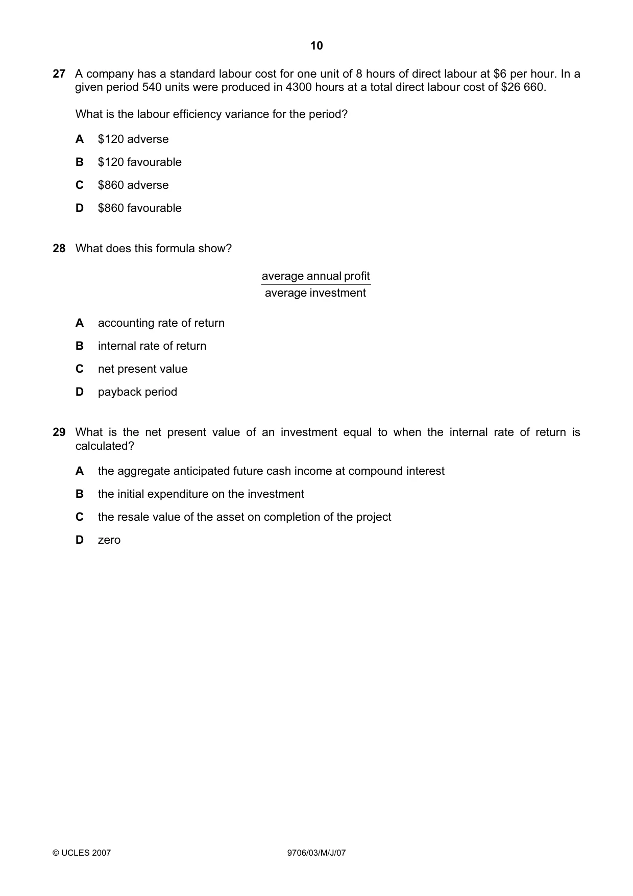 Cambridge A Level Accounting 9706 2007 May/June Paper 3 · Variant 1 question paper, page 10 of 12