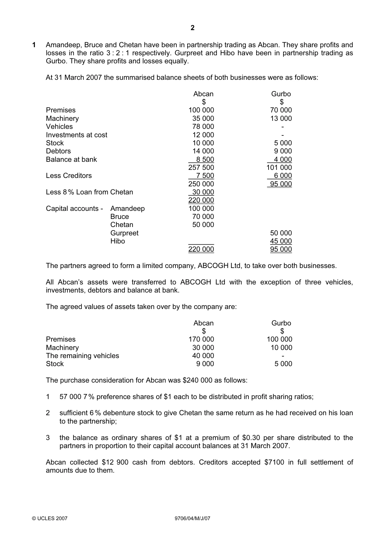Cambridge A Level Accounting 9706 2007 May/June Paper 4 · Variant 1 question paper, page 2 of 8