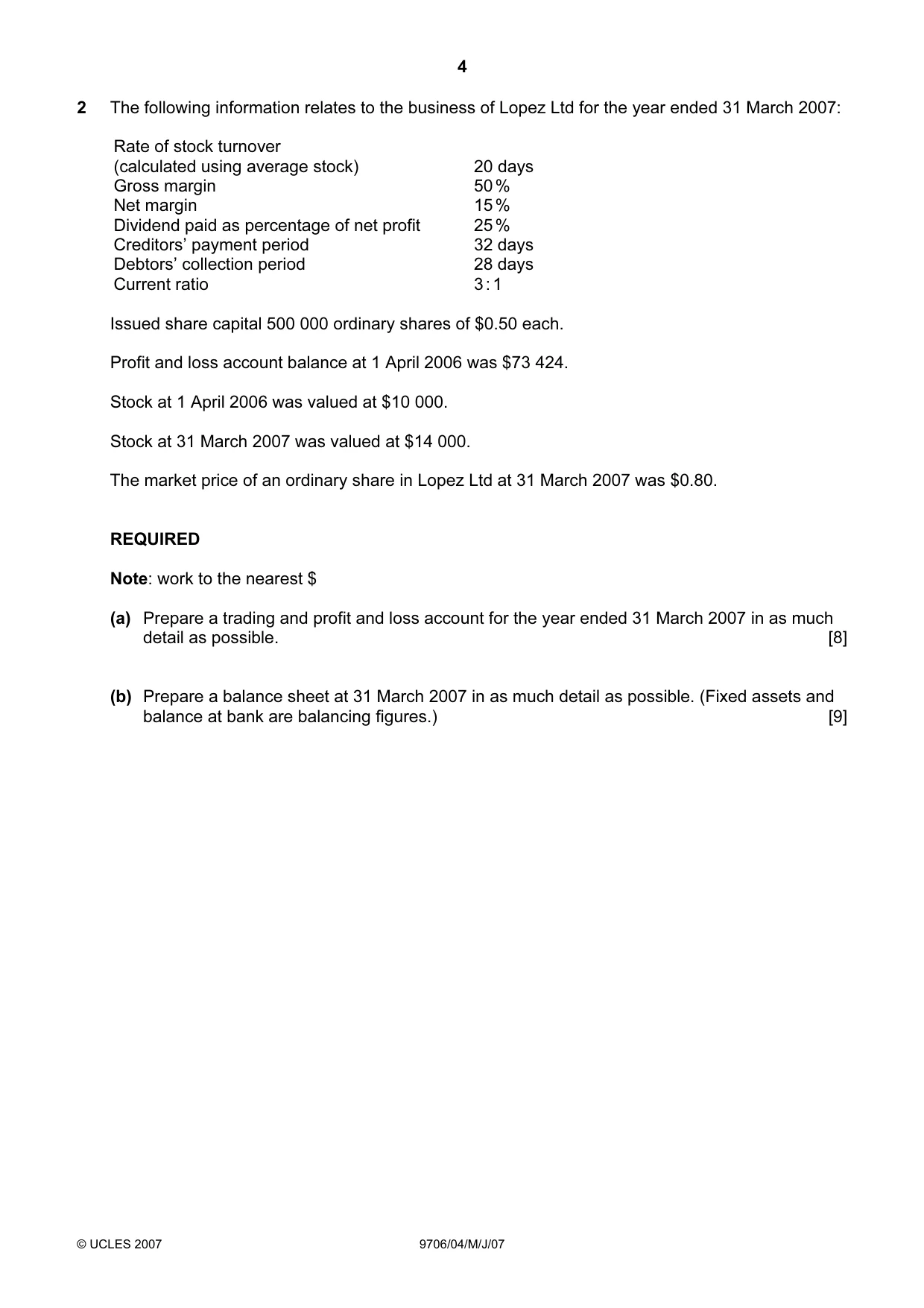 Cambridge A Level Accounting 9706 2007 May/June Paper 4 · Variant 1 question paper, page 4 of 8