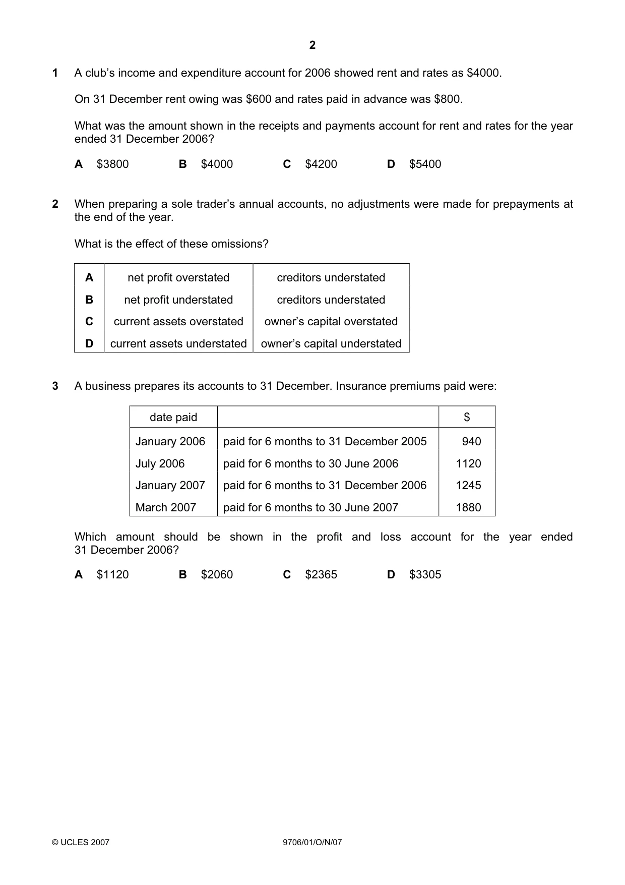 Cambridge A Level Accounting 9706 2007 Oct/Nov Paper 1 · Variant 1 question paper, page 2 of 12