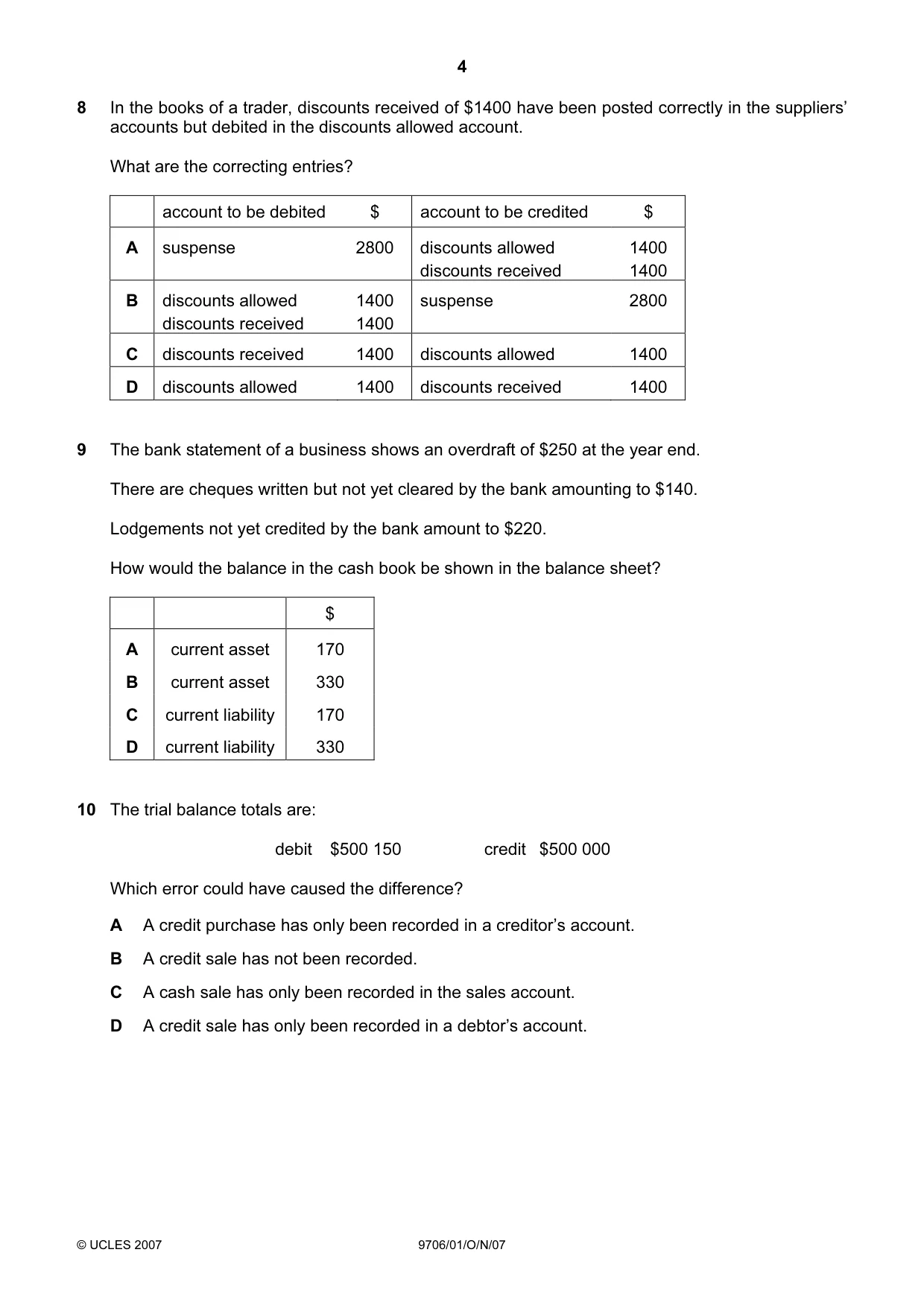 Cambridge A Level Accounting 9706 2007 Oct/Nov Paper 1 · Variant 1 question paper, page 4 of 12