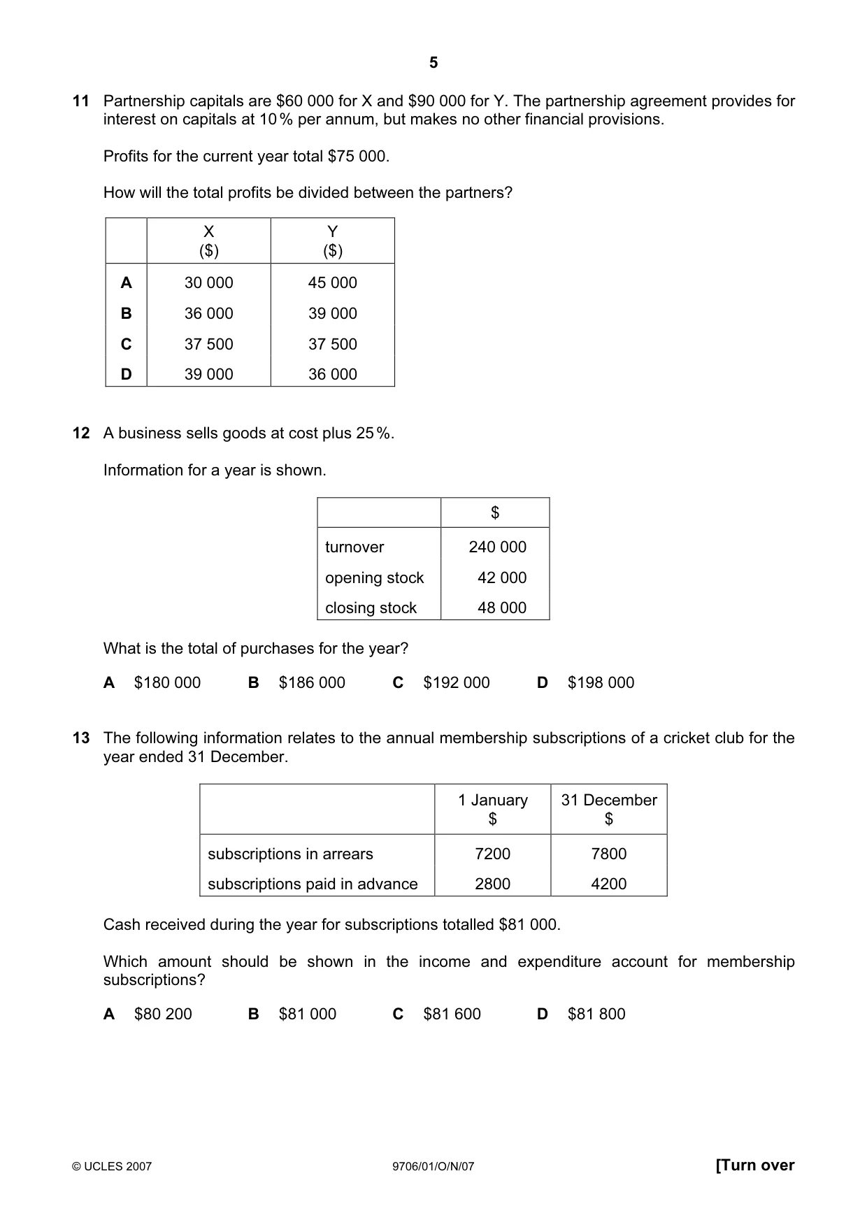 Cambridge A Level Accounting 9706 2007 Oct/Nov Paper 1 · Variant 1 question paper, page 5 of 12