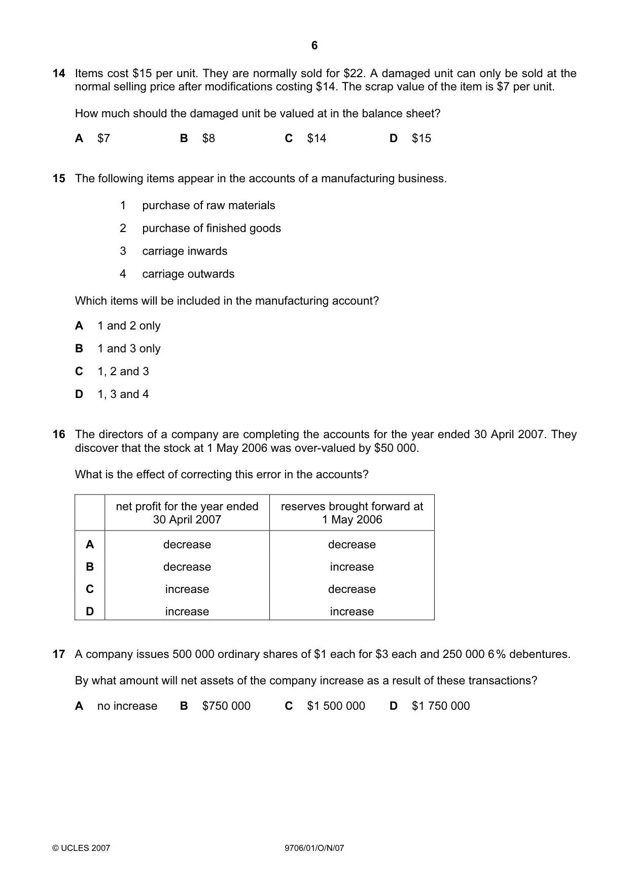 Cambridge A Level Accounting 9706 2007 Oct/Nov Paper 1 · Variant 1 question paper, page 6 of 12