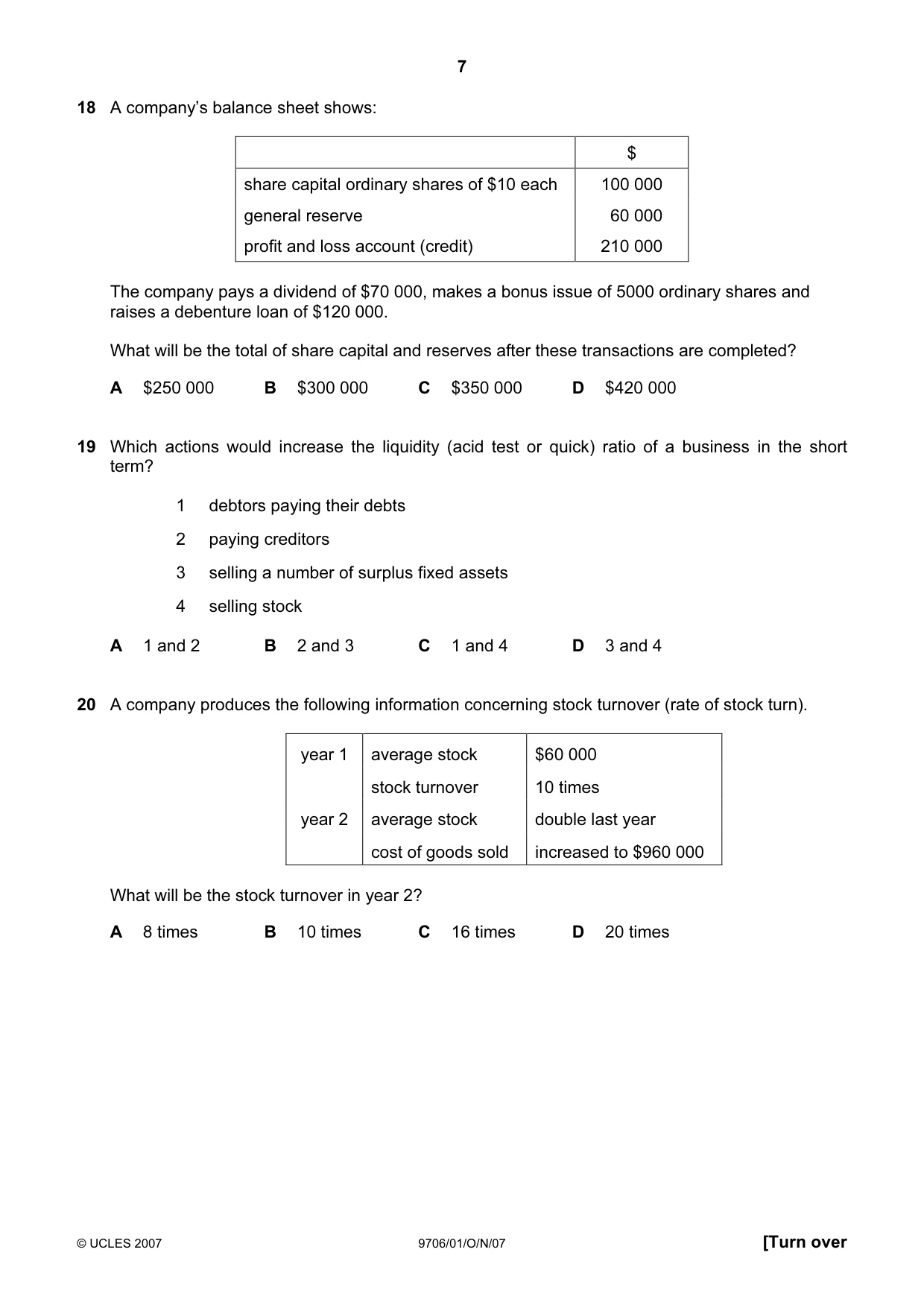 Cambridge A Level Accounting 9706 2007 Oct/Nov Paper 1 · Variant 1 question paper, page 7 of 12