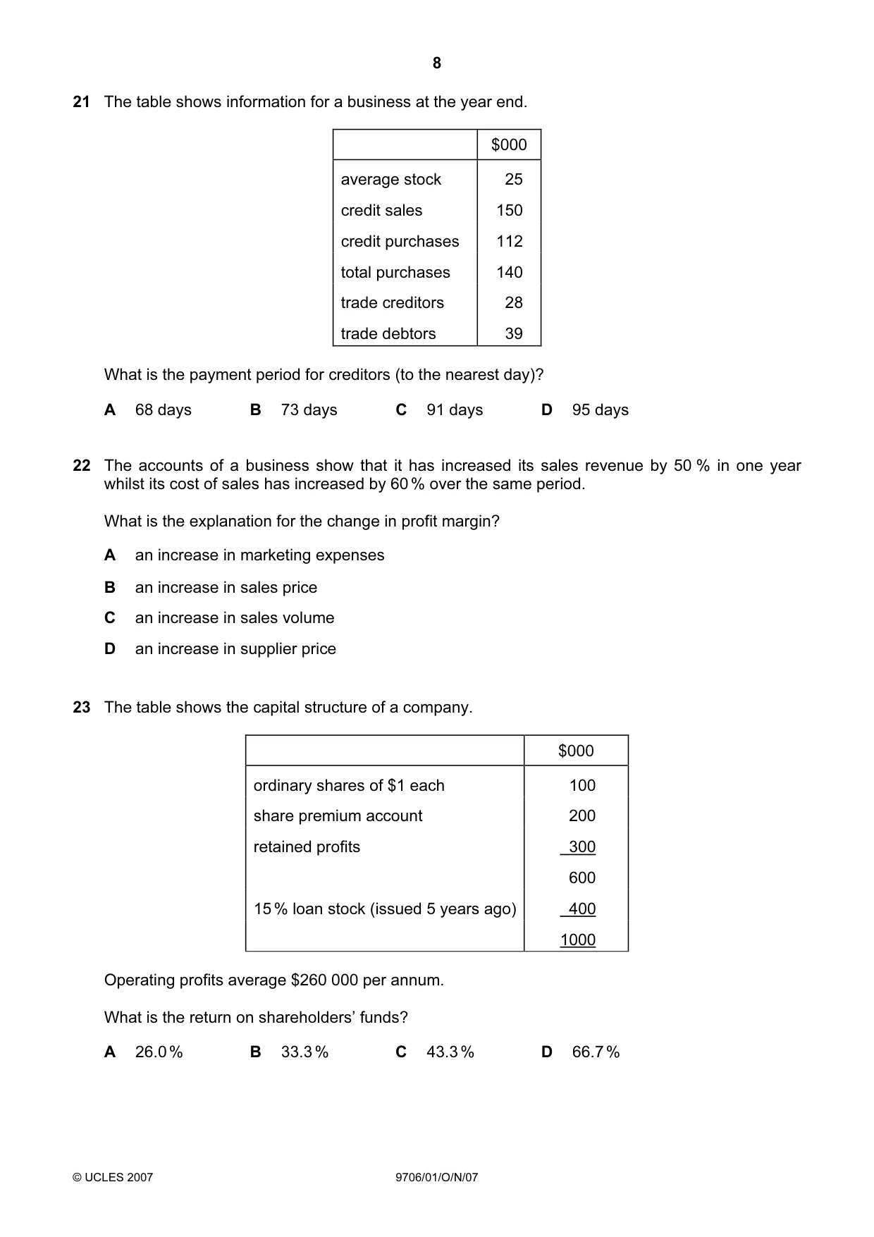 Cambridge A Level Accounting 9706 2007 Oct/Nov Paper 1 · Variant 1 question paper, page 8 of 12