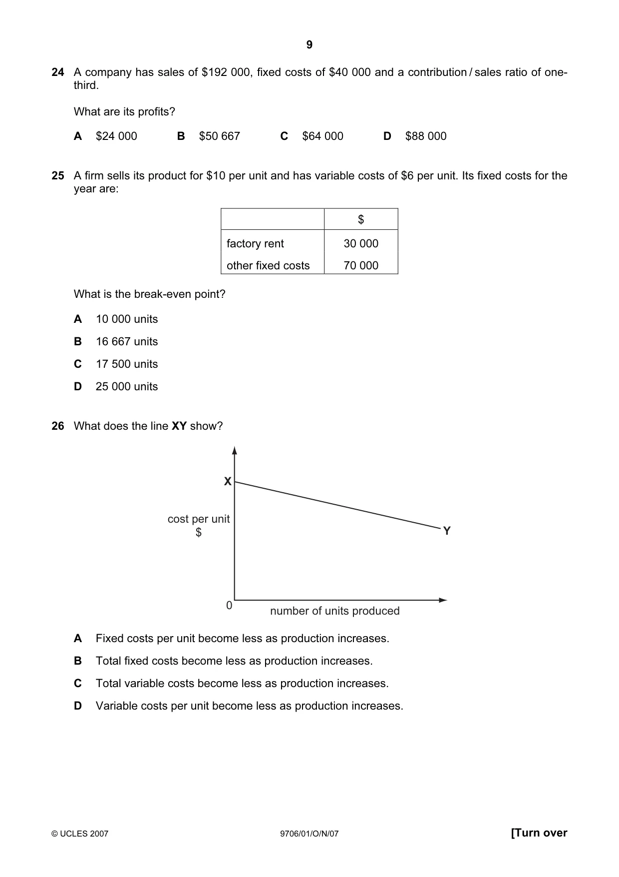 Cambridge A Level Accounting 9706 2007 Oct/Nov Paper 1 · Variant 1 question paper, page 9 of 12