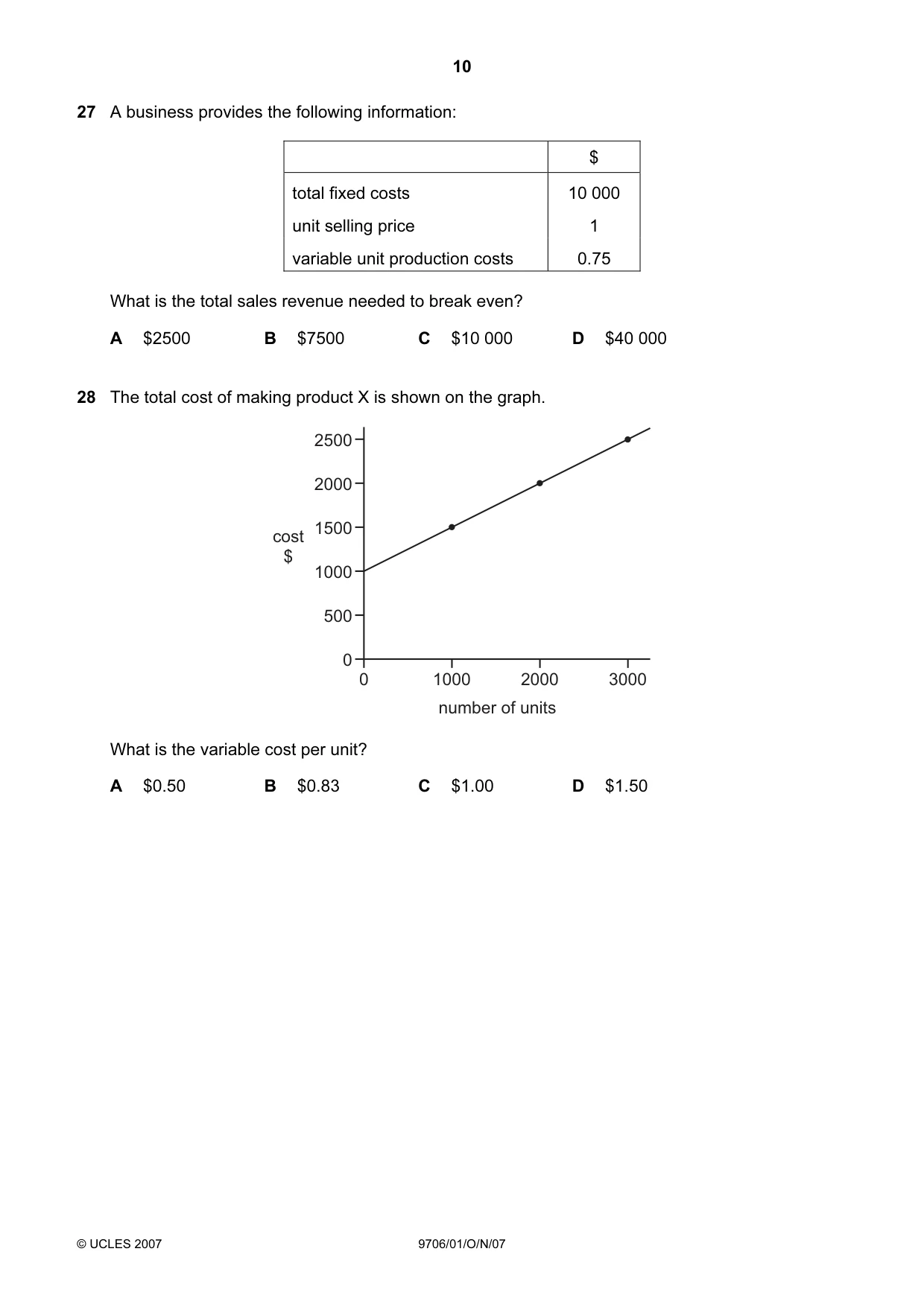 Cambridge A Level Accounting 9706 2007 Oct/Nov Paper 1 · Variant 1 question paper, page 10 of 12