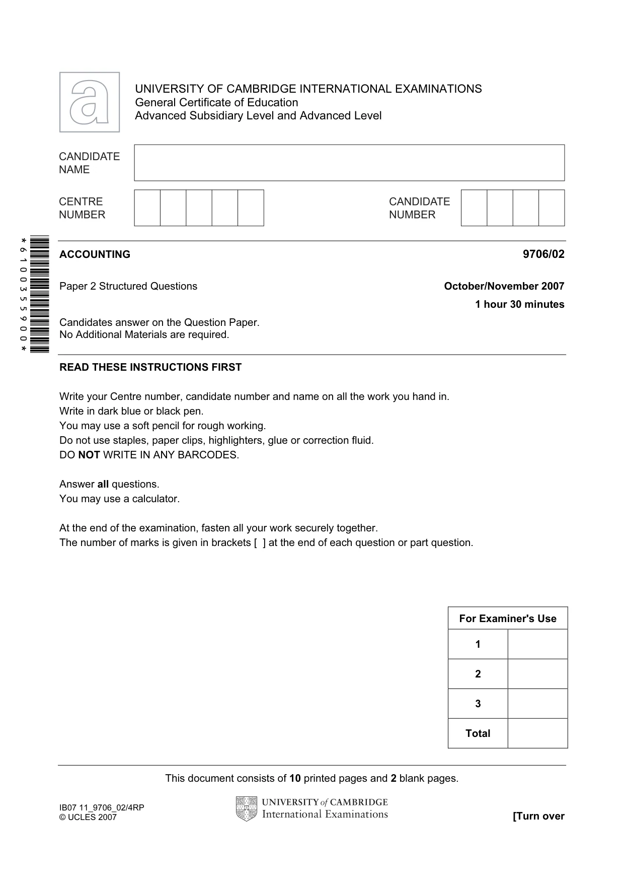 Cambridge A Level Accounting 9706 2007 Oct/Nov Paper 2 · Variant 1 question paper, page 1 of 12