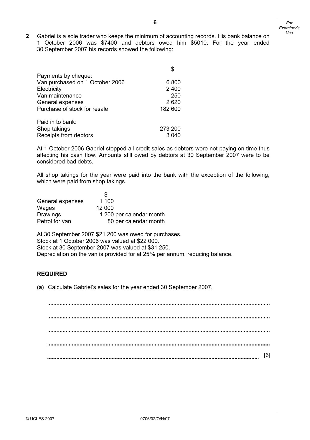 Cambridge A Level Accounting 9706 2007 Oct/Nov Paper 2 · Variant 1 question paper, page 6 of 12