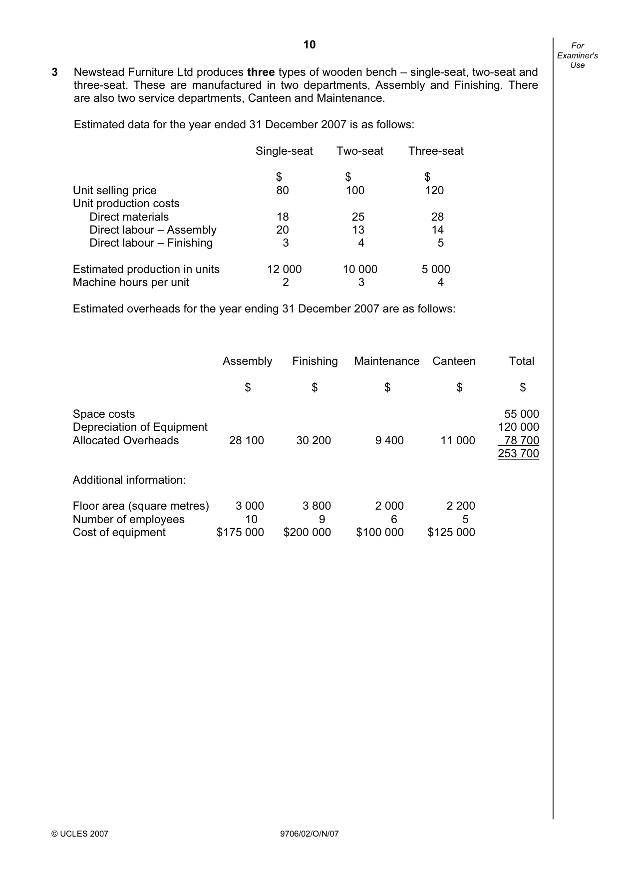 Cambridge A Level Accounting 9706 2007 Oct/Nov Paper 2 · Variant 1 question paper, page 10 of 12