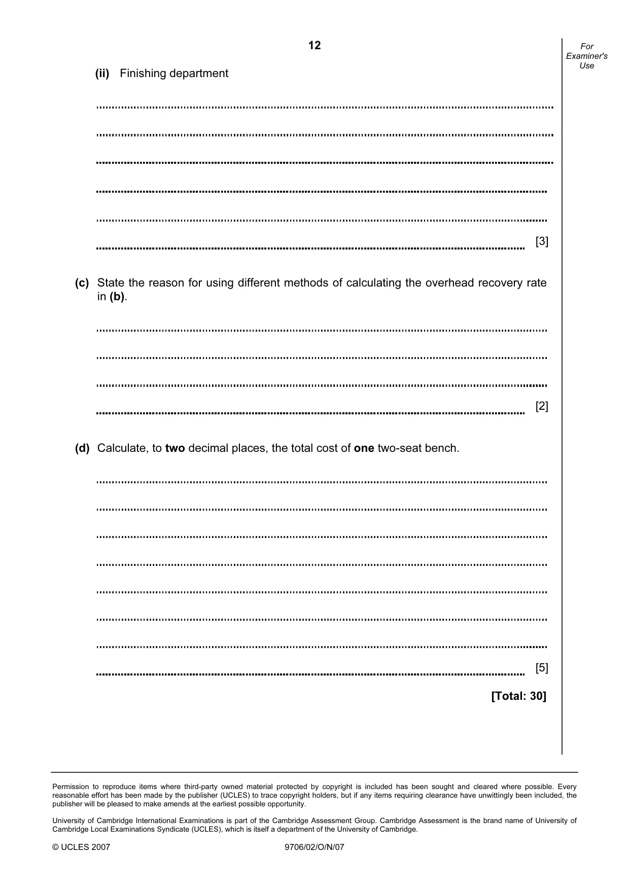 Cambridge A Level Accounting 9706 2007 Oct/Nov Paper 2 · Variant 1 question paper, page 12 of 12