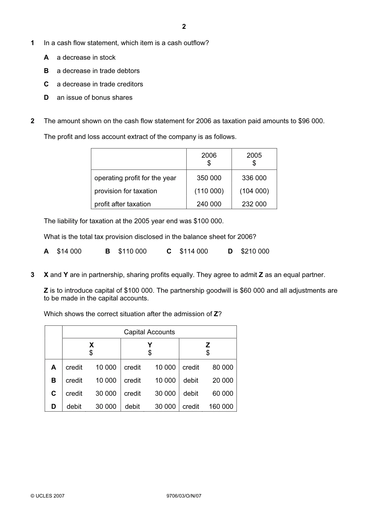 Cambridge A Level Accounting 9706 2007 Oct/Nov Paper 3 · Variant 1 question paper, page 2 of 12
