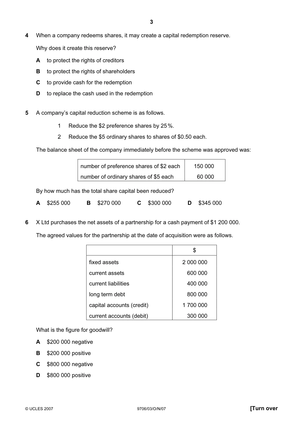Cambridge A Level Accounting 9706 2007 Oct/Nov Paper 3 · Variant 1 question paper, page 3 of 12