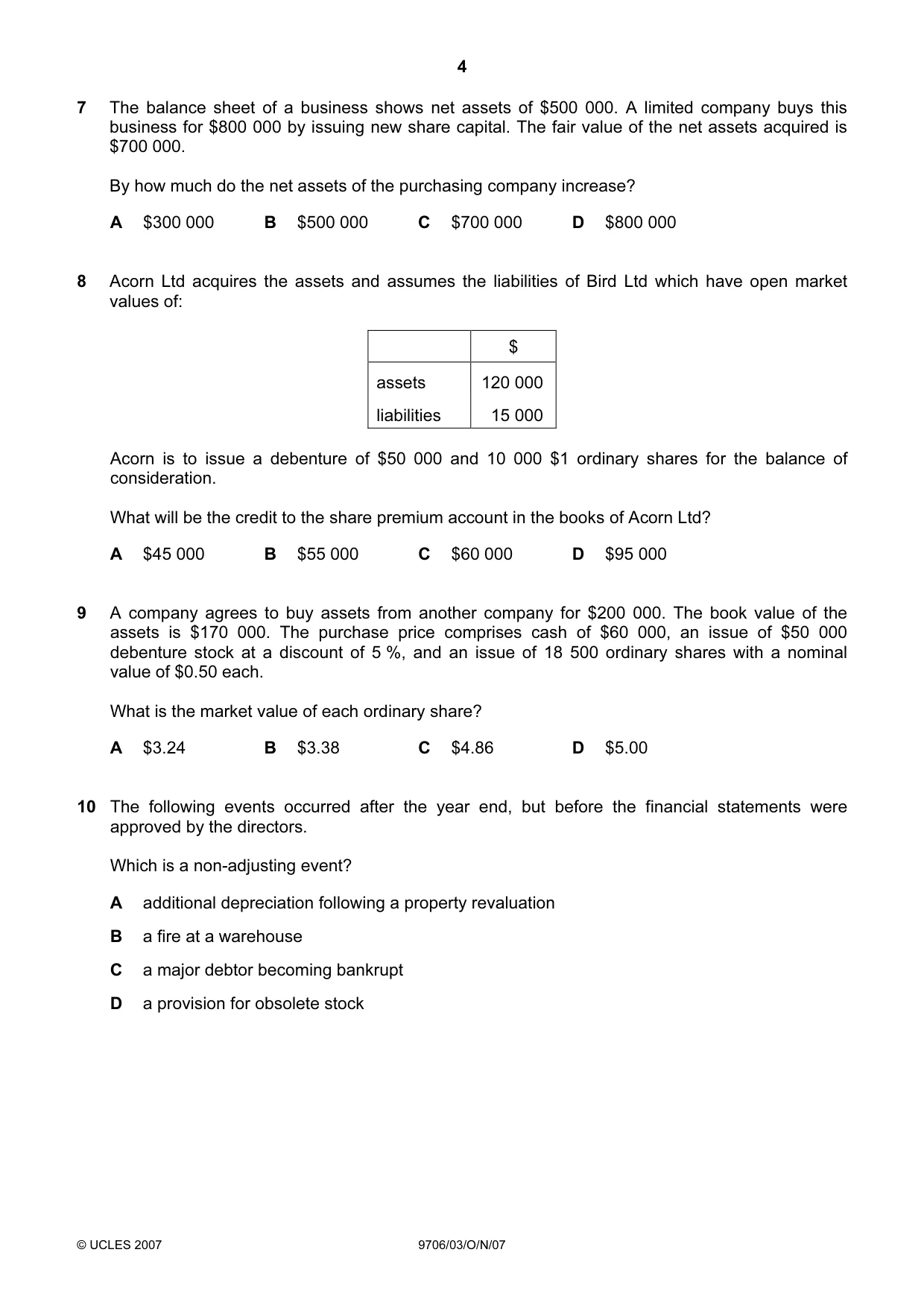 Cambridge A Level Accounting 9706 2007 Oct/Nov Paper 3 · Variant 1 question paper, page 4 of 12