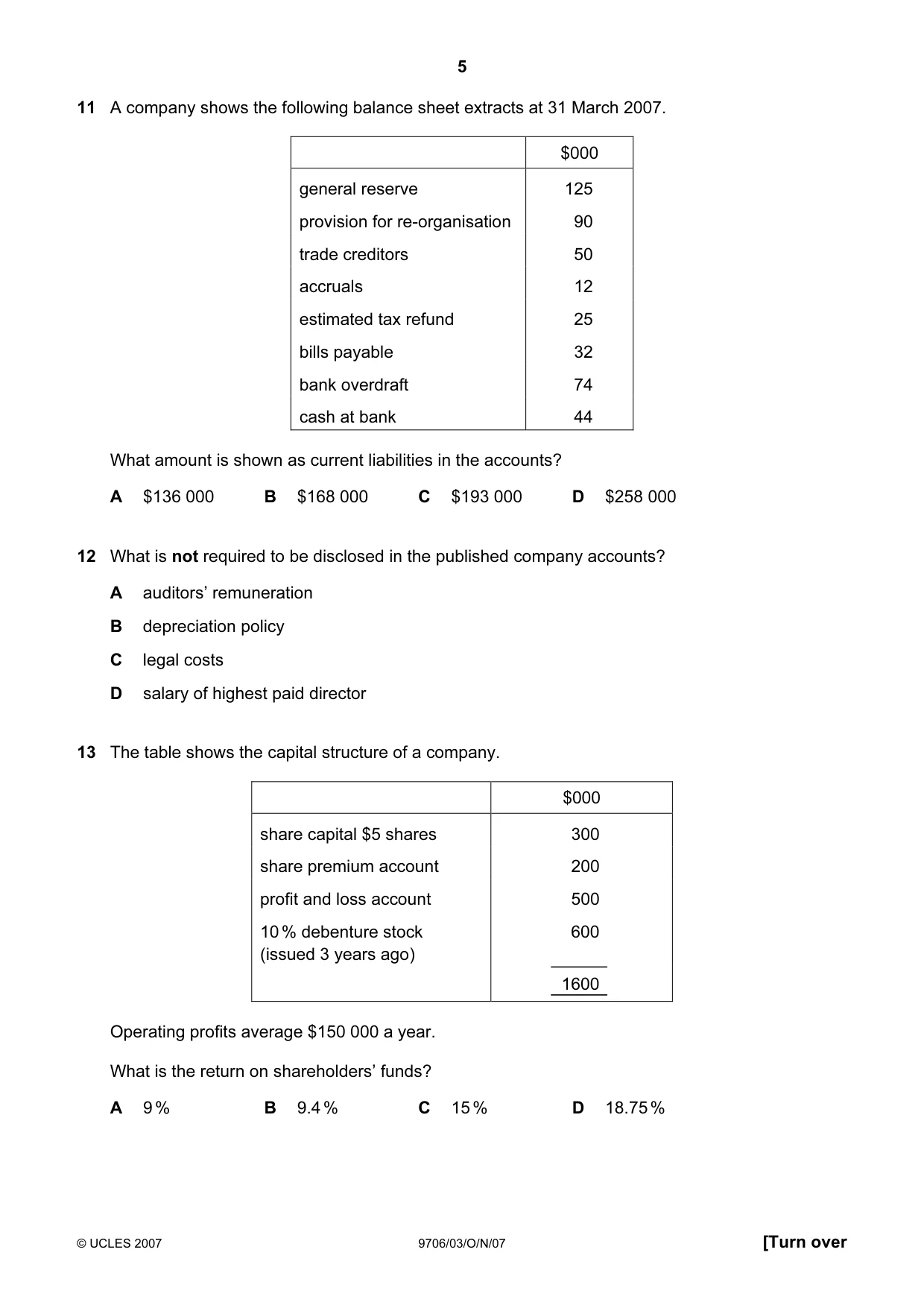 Cambridge A Level Accounting 9706 2007 Oct/Nov Paper 3 · Variant 1 question paper, page 5 of 12