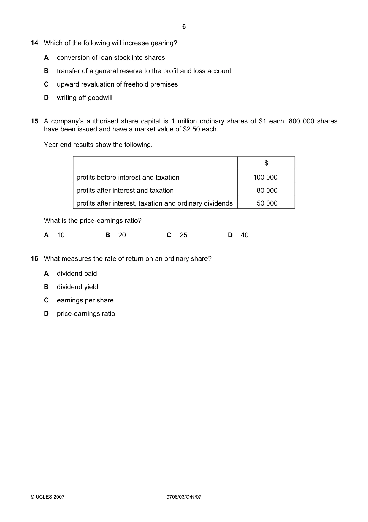 Cambridge A Level Accounting 9706 2007 Oct/Nov Paper 3 · Variant 1 question paper, page 6 of 12