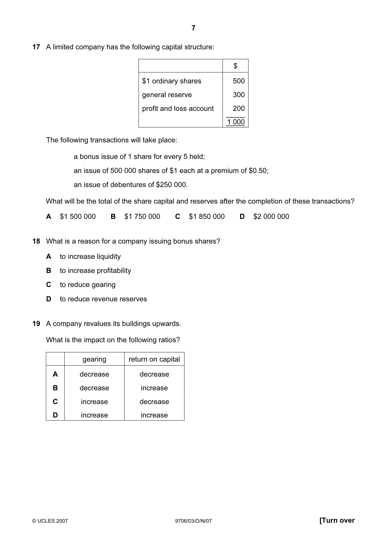 Cambridge A Level Accounting 9706 2007 Oct/Nov Paper 3 · Variant 1 question paper, page 7 of 12