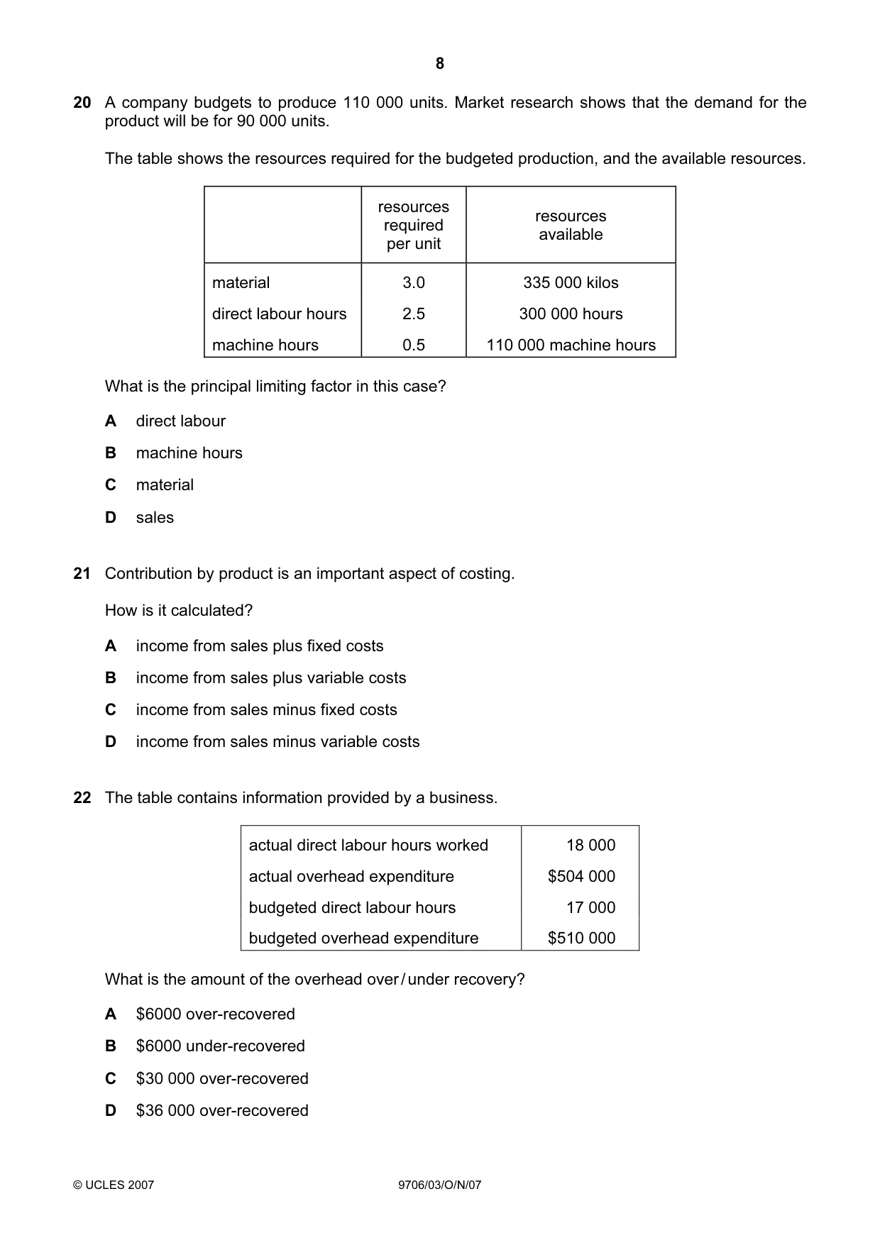 Cambridge A Level Accounting 9706 2007 Oct/Nov Paper 3 · Variant 1 question paper, page 8 of 12