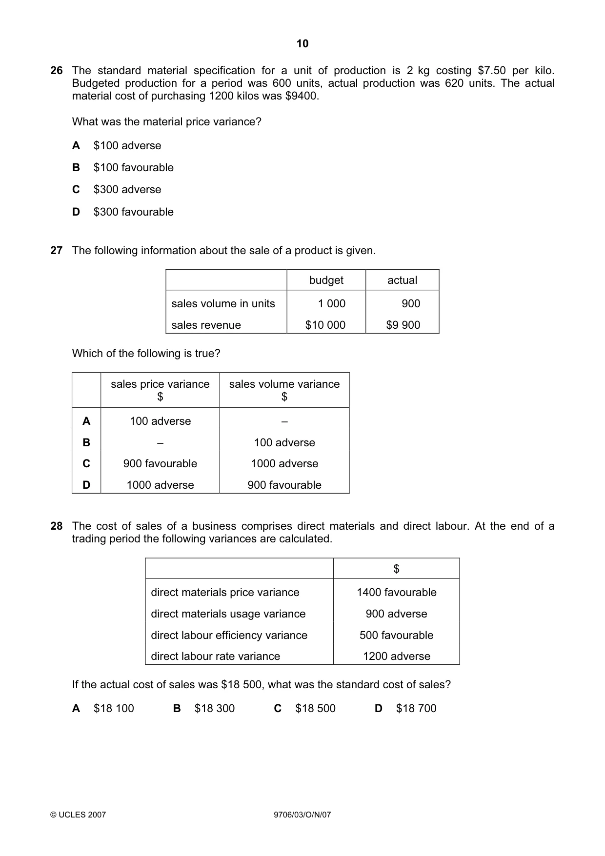 Cambridge A Level Accounting 9706 2007 Oct/Nov Paper 3 · Variant 1 question paper, page 10 of 12