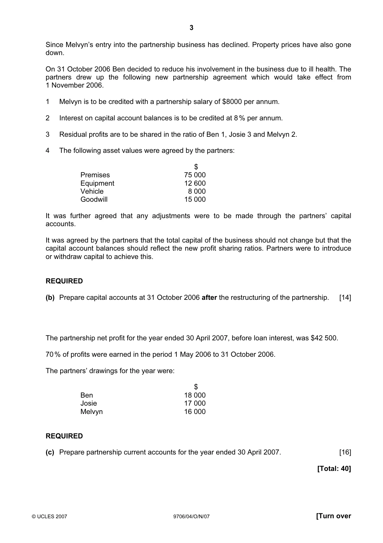 Cambridge A Level Accounting 9706 2007 Oct/Nov Paper 4 · Variant 1 question paper, page 3 of 8
