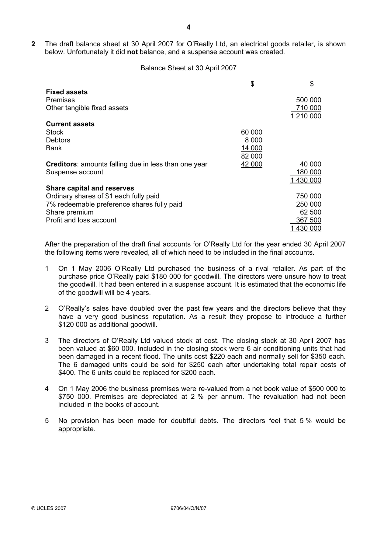 Cambridge A Level Accounting 9706 2007 Oct/Nov Paper 4 · Variant 1 question paper, page 4 of 8