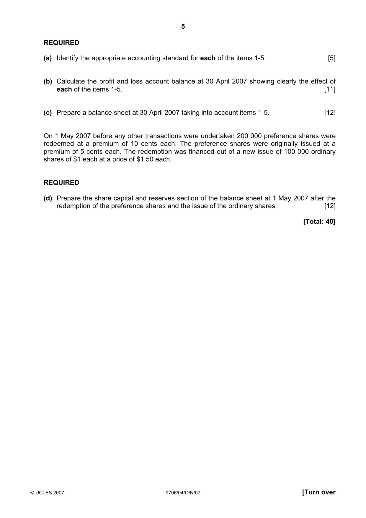 Cambridge A Level Accounting 9706 2007 Oct/Nov Paper 4 · Variant 1 question paper, page 5 of 8