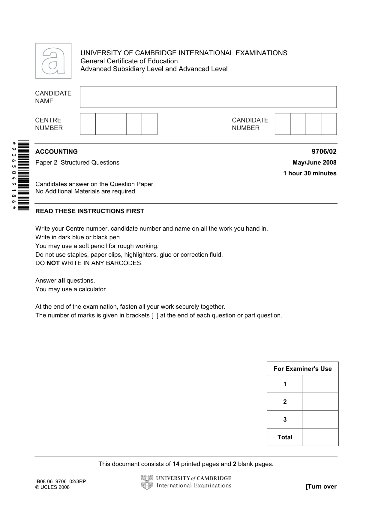 Cambridge A Level Accounting 9706 2008 May/June Paper 2 · Variant 1 question paper, page 1 of 16