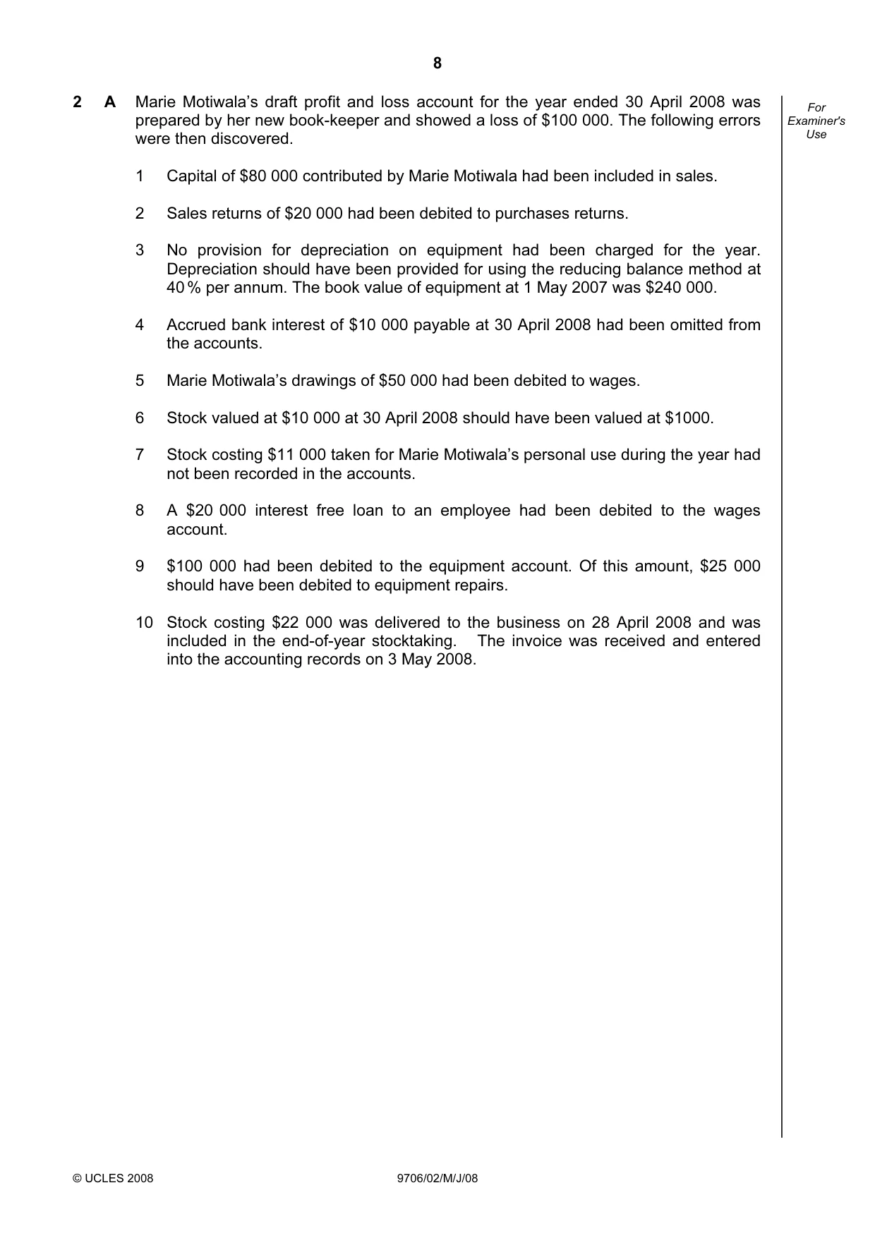 Cambridge A Level Accounting 9706 2008 May/June Paper 2 · Variant 1 question paper, page 8 of 16