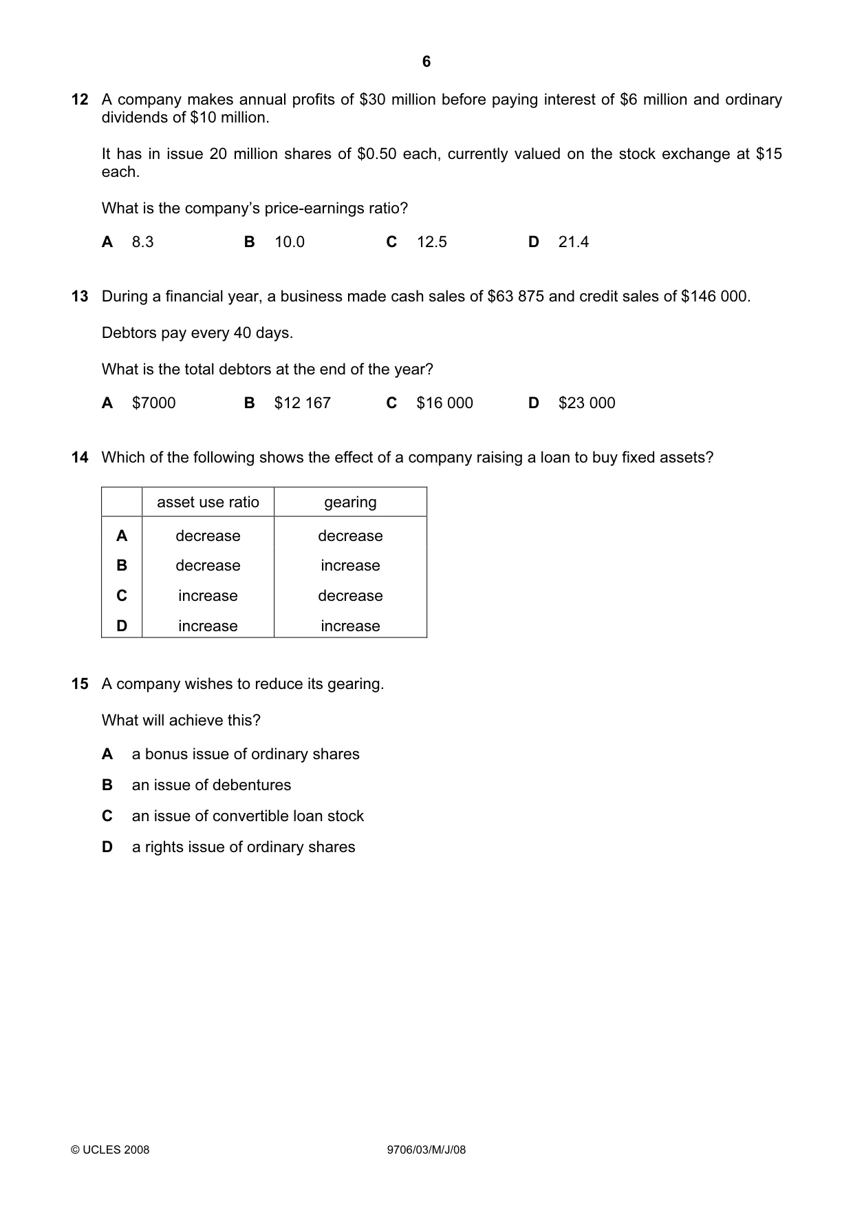 Cambridge A Level Accounting 9706 2008 May/June Paper 3 · Variant 1 question paper, page 6 of 12