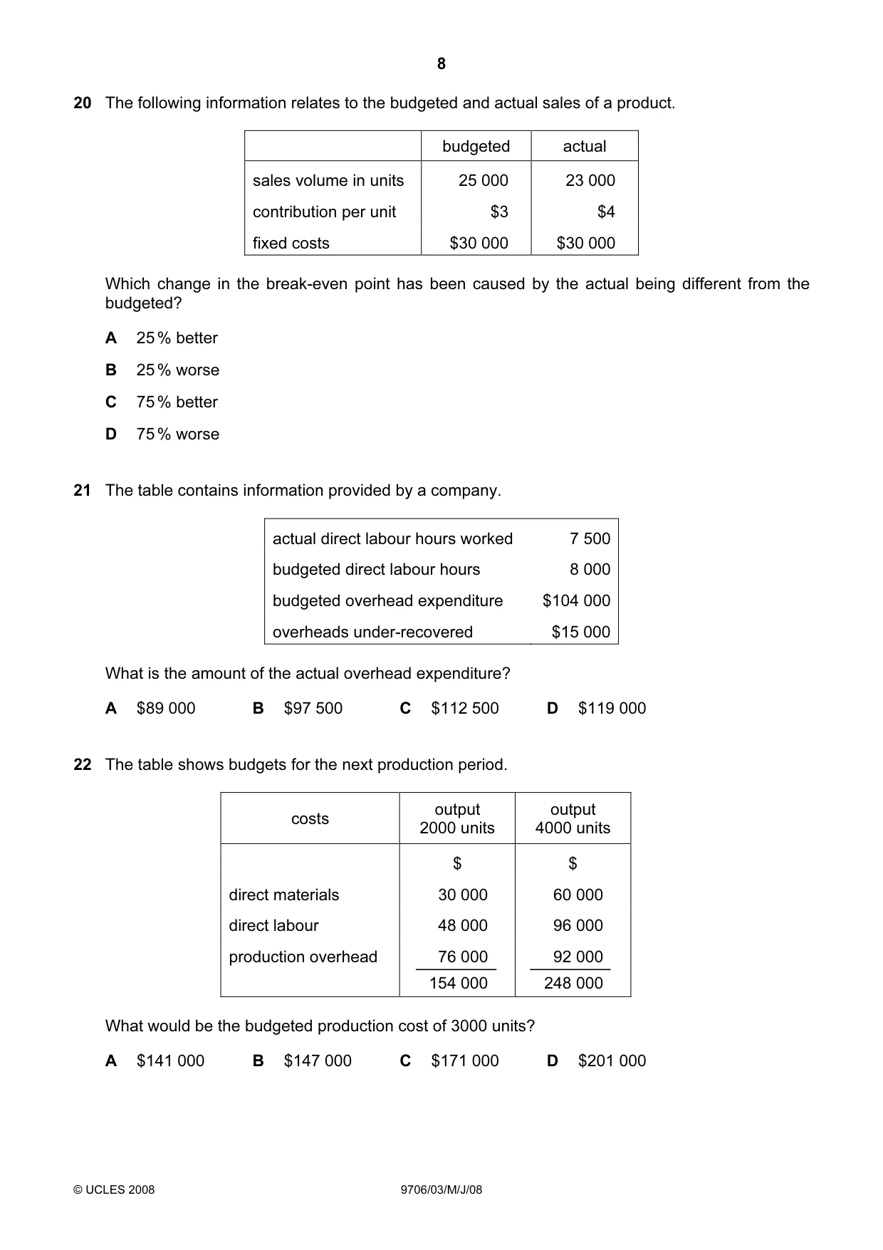 Cambridge A Level Accounting 9706 2008 May/June Paper 3 · Variant 1 question paper, page 8 of 12