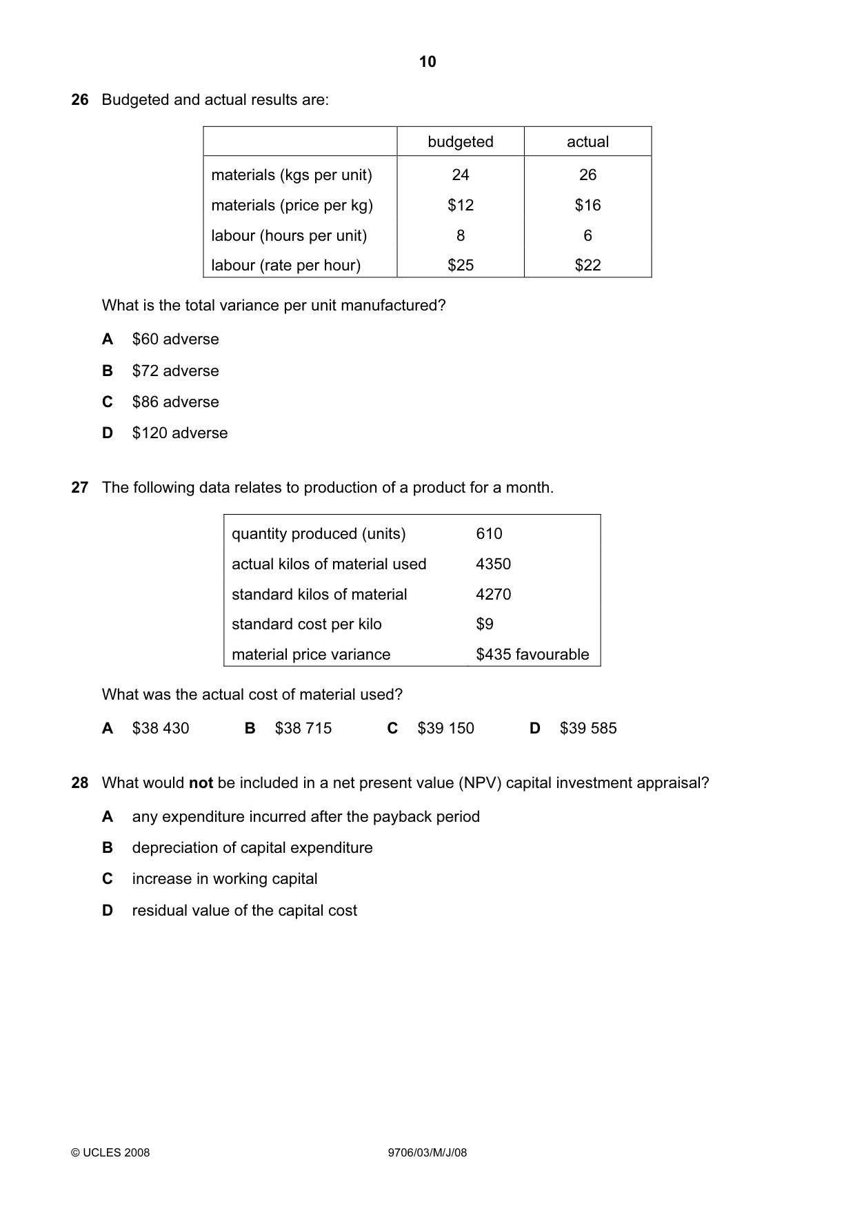 Cambridge A Level Accounting 9706 2008 May/June Paper 3 · Variant 1 question paper, page 10 of 12