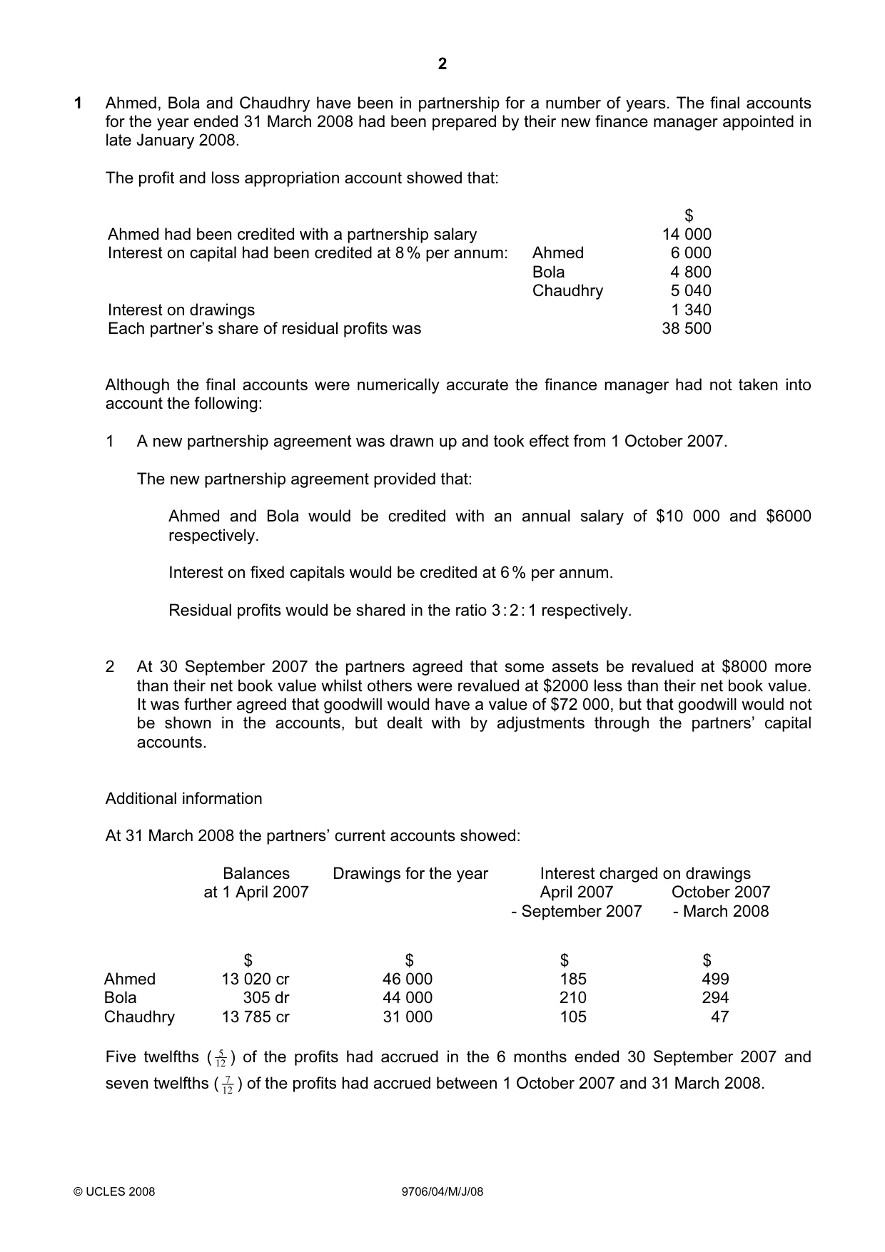 Cambridge A Level Accounting 9706 2008 May/June Paper 4 · Variant 1 question paper, page 2 of 8
