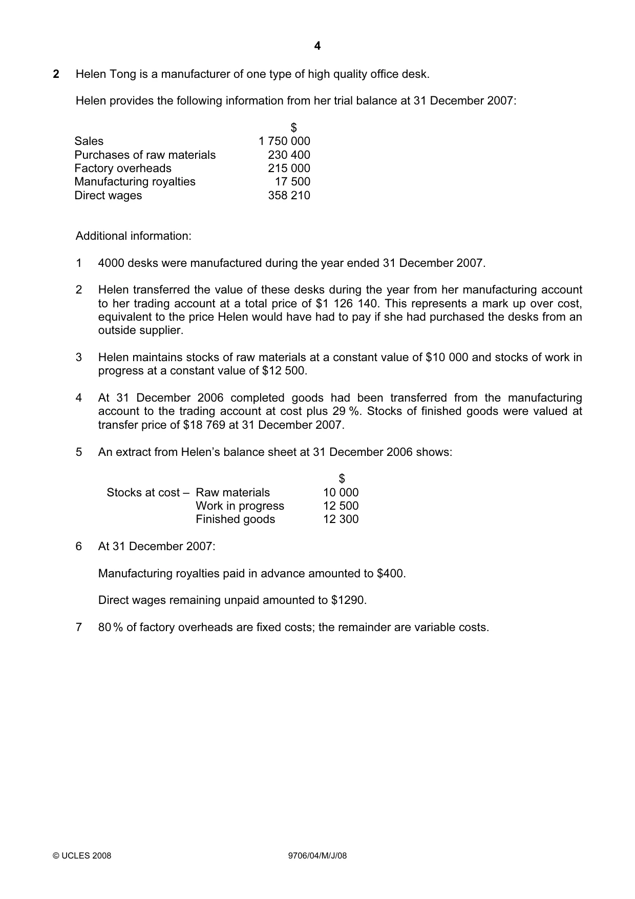 Cambridge A Level Accounting 9706 2008 May/June Paper 4 · Variant 1 question paper, page 4 of 8