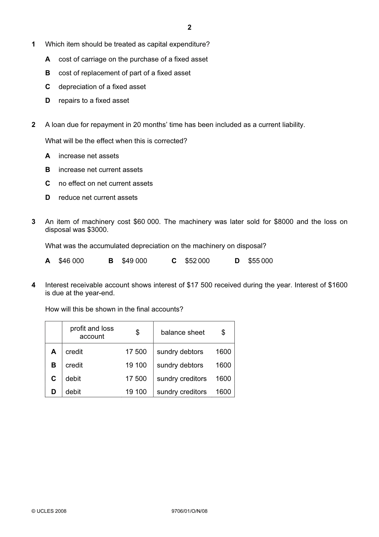 Cambridge A Level Accounting 9706 2008 Oct/Nov Paper 1 · Variant 1 question paper, page 2 of 12
