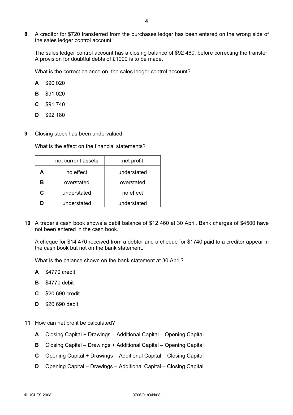 Cambridge A Level Accounting 9706 2008 Oct/Nov Paper 1 · Variant 1 question paper, page 4 of 12