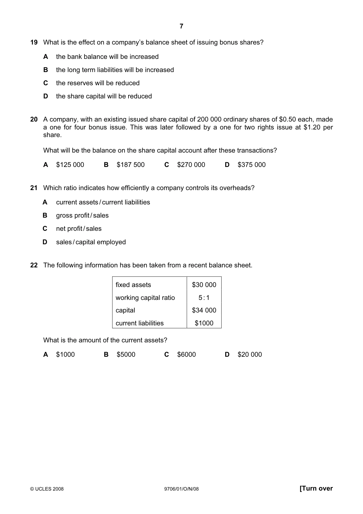 Cambridge A Level Accounting 9706 2008 Oct/Nov Paper 1 · Variant 1 question paper, page 7 of 12