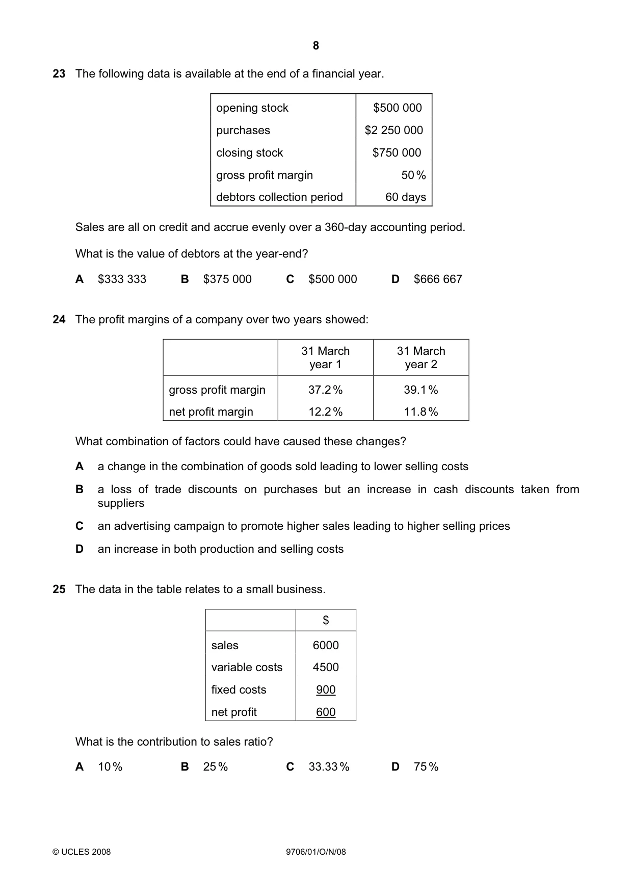 Cambridge A Level Accounting 9706 2008 Oct/Nov Paper 1 · Variant 1 question paper, page 8 of 12