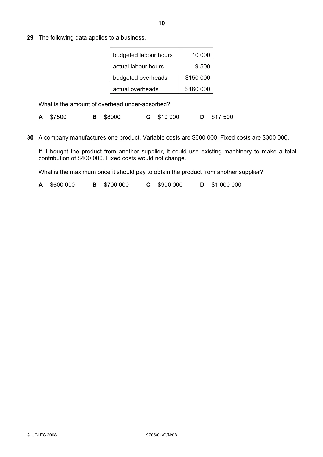 Cambridge A Level Accounting 9706 2008 Oct/Nov Paper 1 · Variant 1 question paper, page 10 of 12