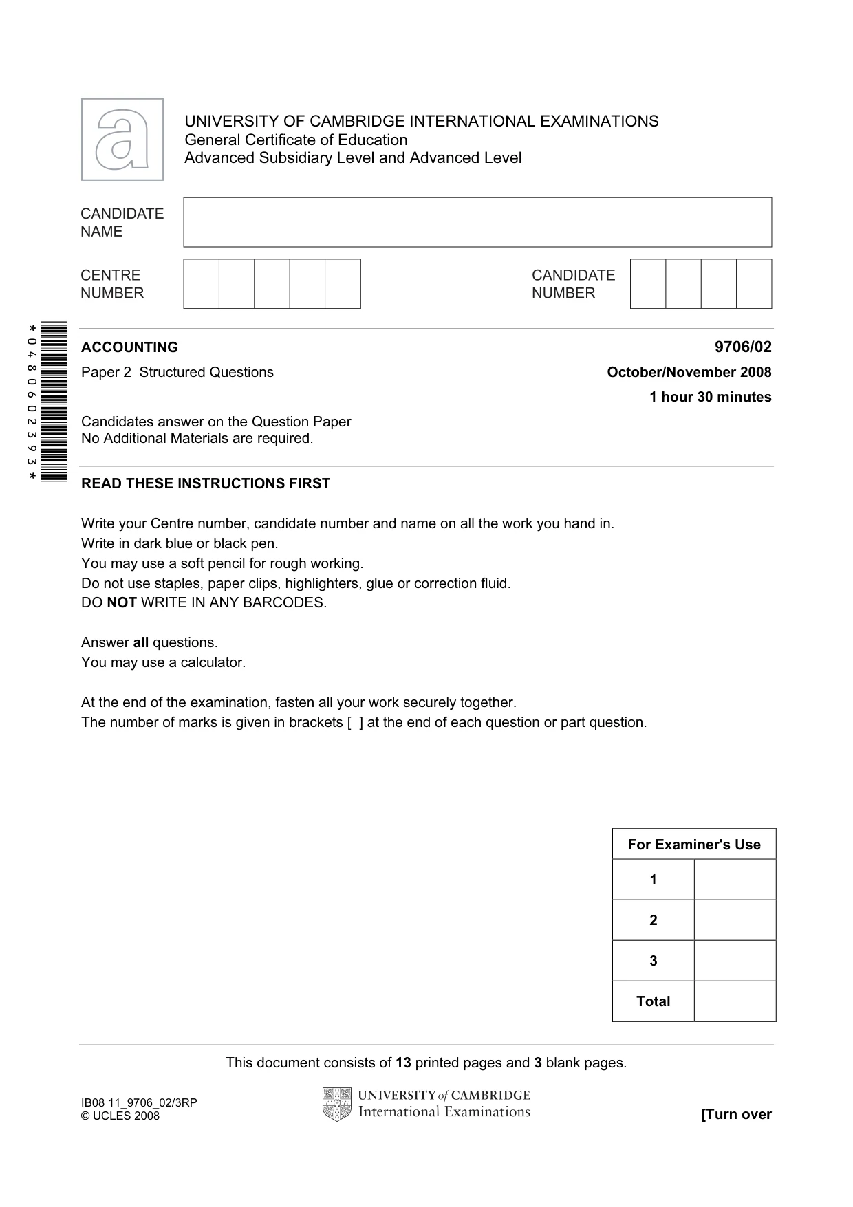 Cambridge A Level Accounting 9706 2008 Oct/Nov Paper 2 · Variant 1 question paper, page 1 of 16