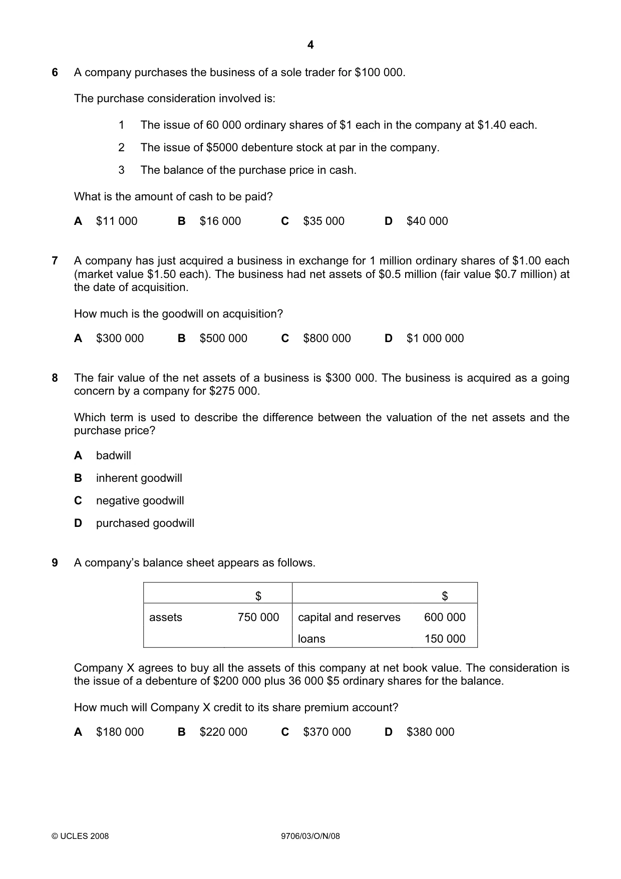 Cambridge A Level Accounting 9706 2008 Oct/Nov Paper 3 · Variant 1 question paper, page 4 of 12